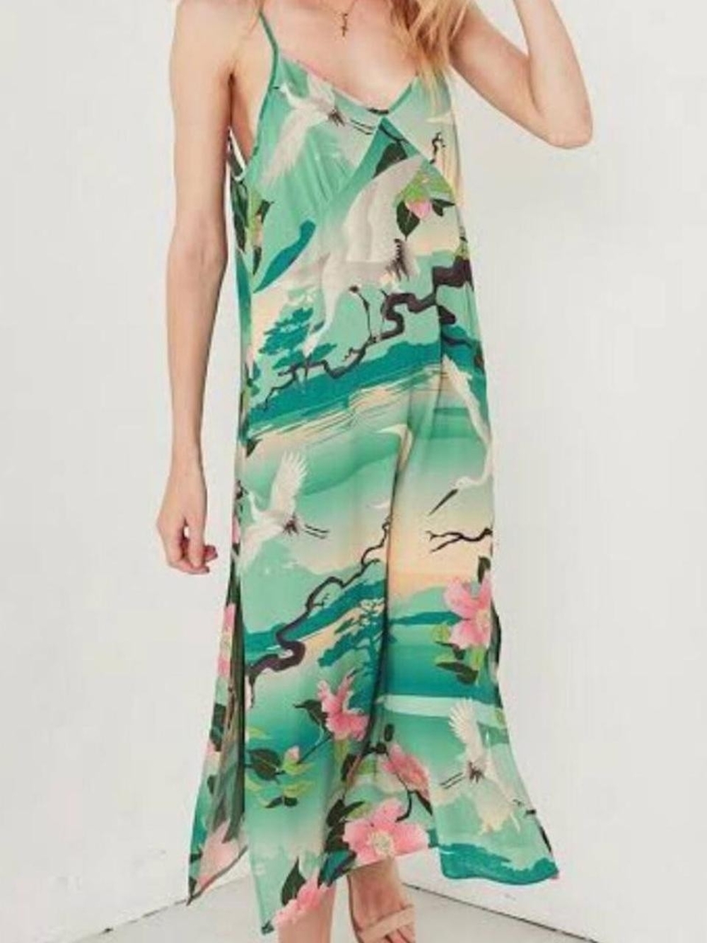 Spell Nightingale Green Teal Floral Slip Maxi Dress with Crane Print